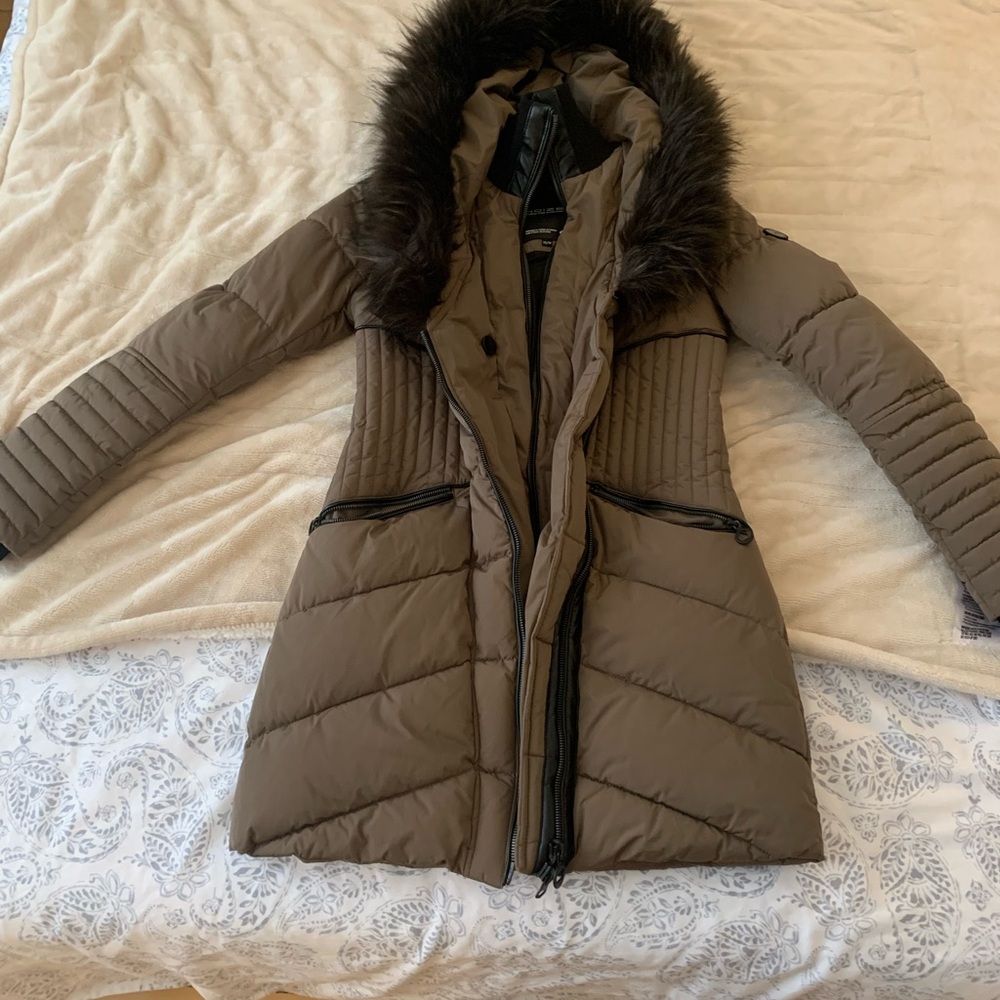 Brown Puffer Coat with Faux Fur Hood